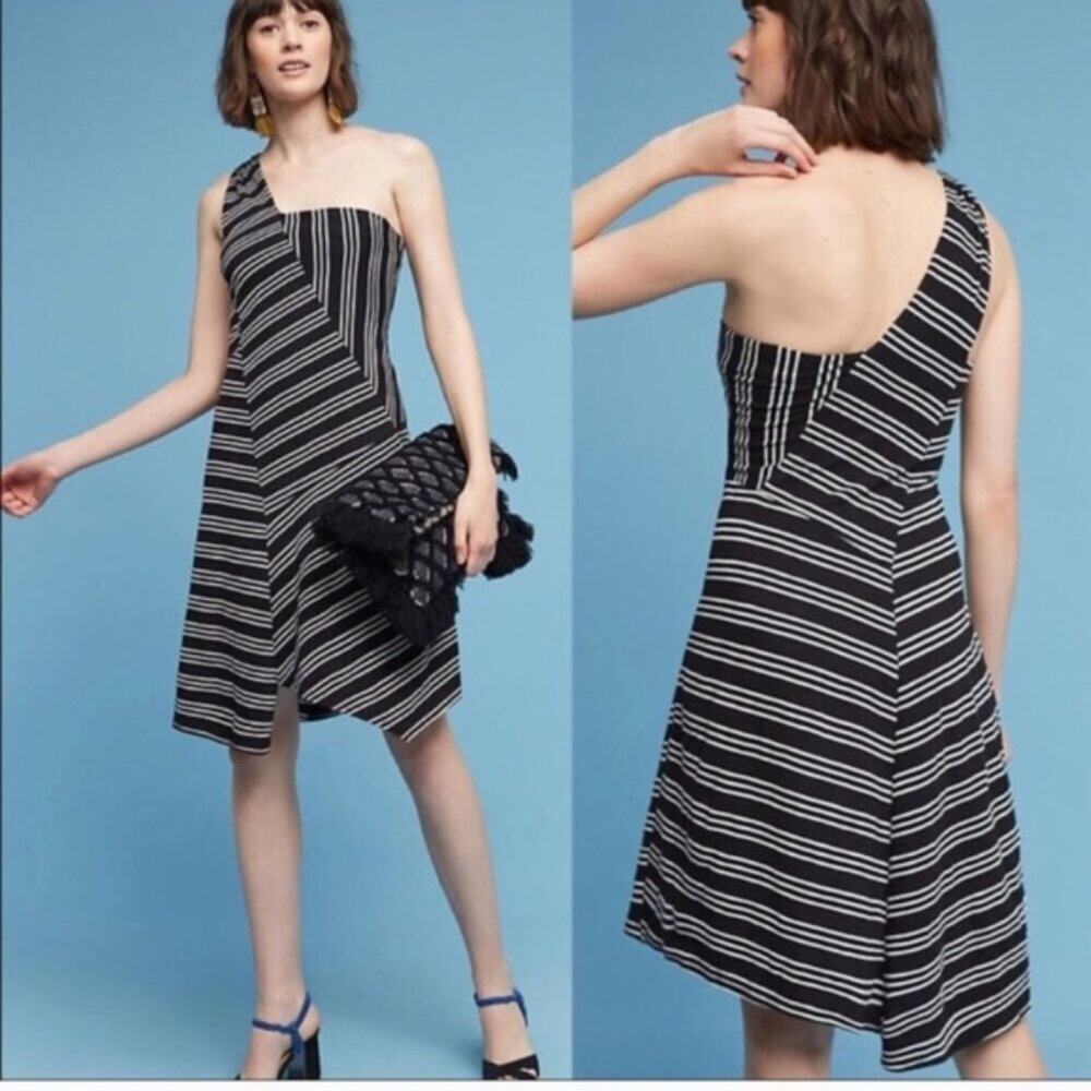 Anthropologie Moka Maeve One Shoulder Asymmetric Black Striped Dress